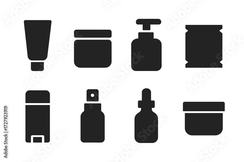 Ointment Container Icons. Solid, filled icon set of ointment containers: tube, jar, pump bottle, sachet, stick applicator, spray bottle, dropper bottle, tub.