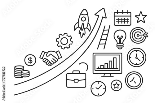 Business Growth Icons. Hand-drawn doodle illustration Business growth stages graph arrow, coin, dollar sign, briefcase, handshake, gear, rocket, ladder,