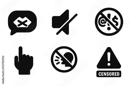 No Profanity Icons. Solid, filled icon set of no swearing signs: speech bubble with crossed mouth, mute symbol, no profanity text, crossed exclamation mark,