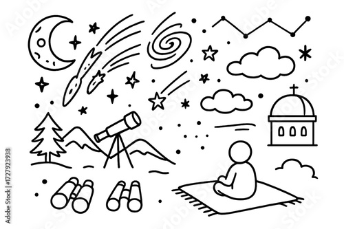 Meteor Shower Doodles. Hand-drawn doodle illustration meteor shower night sky meteors, stars, moon, comet, galaxy swirl, shooting star, telescope, binoculars,