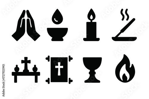 Blessing Ritual Icons. Solid, filled icon set of blessing rituals: prayer hands, holy water, candle flame, incense stick, altar, blessing scroll, chalice,