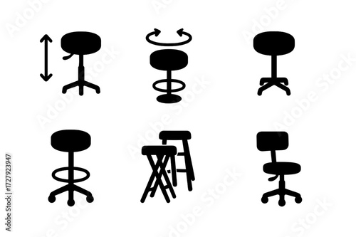 Stool Features Icons. Solid, filled icon set of stool adjustable features: height adjustment, swivel mechanism, footrest ring, cushioned seat,