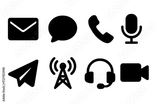 Communication Tools Icons. Solid, filled icon set of communication tools: envelope, speech bubble, phone receiver, microphone, paper plane, broadcast tower,