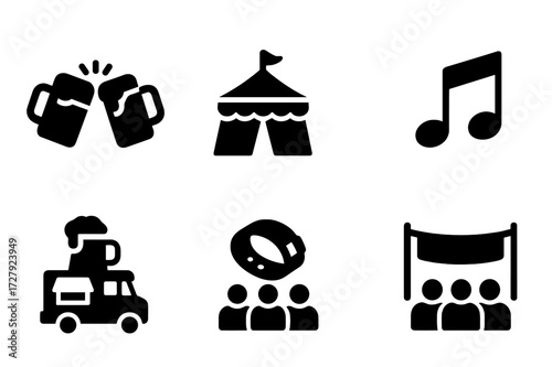 Beer Festival Icons. Solid, filled icon set of beer festivals and events: beer mug clink, festival tent, stage, music note, food truck, wristband, crowd,