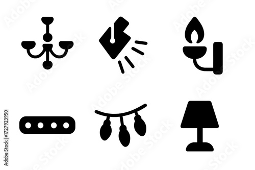 Banquet Lighting Icons. Solid, filled icon set of banquet hall lighting: hanging chandelier, spotlight, uplight, wall sconce, LED strip, string lights, ambient