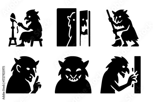 Kikimora Icon Set. Solid, filled icon set of kikimora actions and behaviors: spinning thread, hiding in shadows, peeking from behind door, sweeping floor,