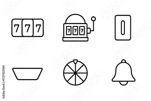 Slot Machine Icons. Outline icon set of slot machine basics: slot reels, lever handle, jackpot, coin slot, payout tray, spinning wheel, winning lines, bell