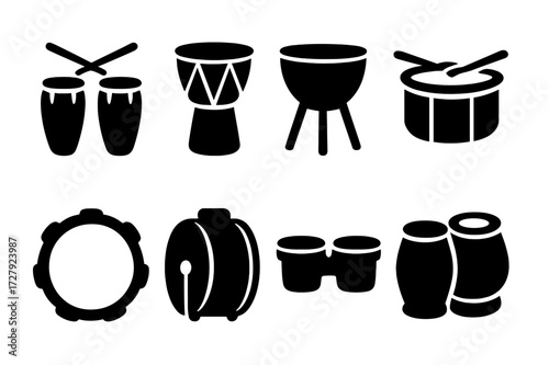 Percussion Genre Icons. Solid, filled icon set of percussion genres: Latin, African, Caribbean, jazz, classical, rock, funk, world music. Solid, filled icons