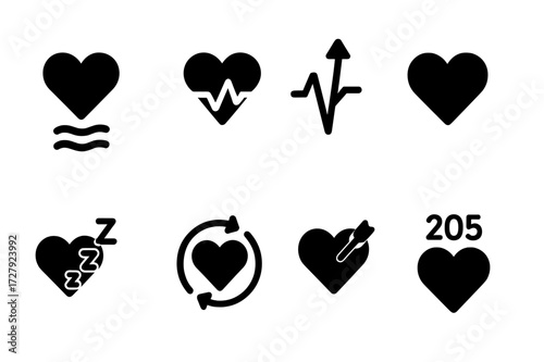 Heart Rate Zone Icons. Solid, filled icon set of cardio heart rate zones: warm-up, fat burn, cardio, peak, rest, recovery, target zone, max heart rate. [Line