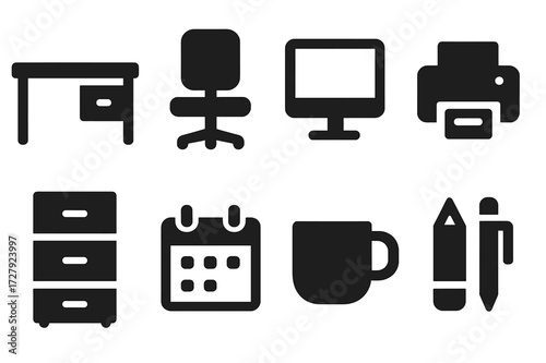 Office Essentials Icons. Solid, filled icon set of office essentials: desk, chair, computer, printer, filing cabinet, calendar, coffee cup, stationery. [Solid,
