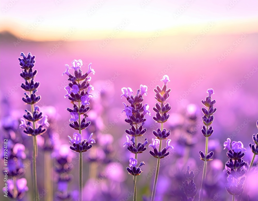 Obraz premium Vibrant purple lavender flowers bathed in soft, warm sunset light, creating a serene and peaceful field scene