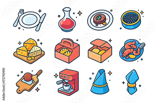 Bourgeois Cuisine Icons. Colorful isometric vector icons set of Bourgeois cuisine elements: fine dining plate, silver cutlery, wine decanter, gourmet dish,