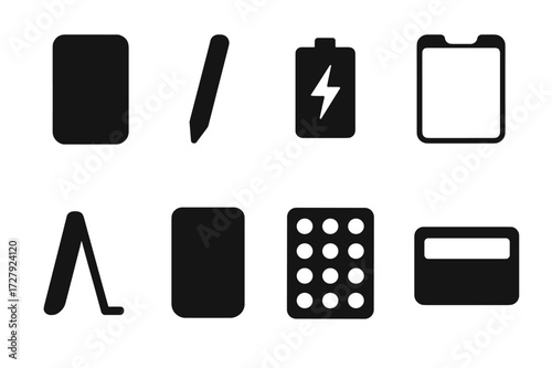 Calculator Accessories Icons. Solid, filled icon set of calculator accessories: calculator case, stylus pen, calculator battery, screen protector, calculator