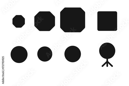 Practice Pad Icons. Solid, filled icon set of practice pad sizes: small, medium, large, compact, square, round, foldable, portable. Solid, filled icons in only