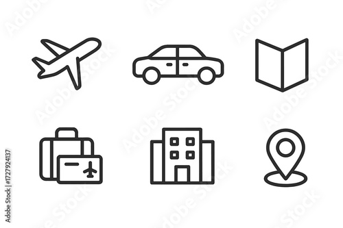 Reunion Travel Icons. Outline icon set of reunion travel: airplane, car, bus, map, suitcase, ticket, hotel, GPS pin. Line icons in only black color, consistent