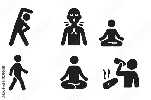 Cool Down Icons. Solid, filled icon set of cool down exercises: stretching, deep breath, yoga pose, foam roller, slow walk, meditation, hydration, muscle