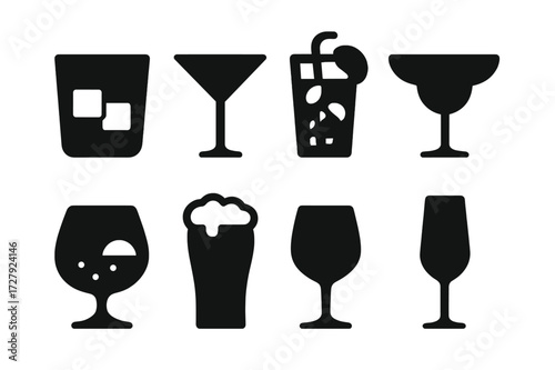 Bar Drinks Icon Set. Solid, filled icon set of bar drinks: whiskey glass, martini, mojito, margarita, gin tonic, beer pint, red wine glass, champagne flute.