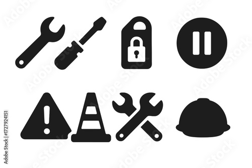 Shutdown Maintenance Icons. Solid, filled icon set of shutdown maintenance: wrench, screwdriver, lockout tag, pause button, service alert, safety cone, repair