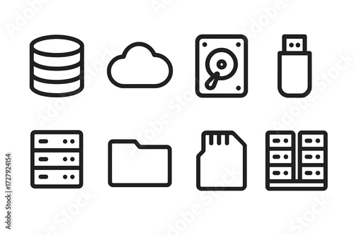 Data Storage Icons. Solid, filled icon set of data storage: database, cloud storage, hard drive, USB flash drive, server rack, file folder, memory card, data