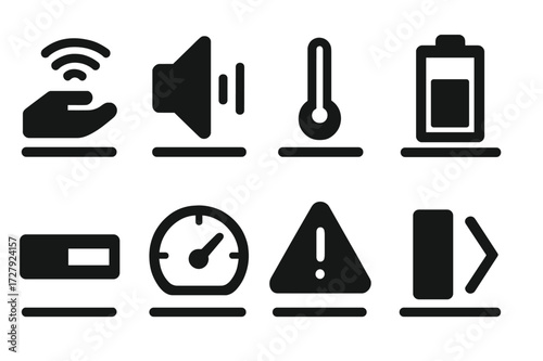 Technological Icons Grid. Solid, filled icon set of technological thresholds: sensor trigger, volume level, temperature gauge, battery indicator, progress bar,