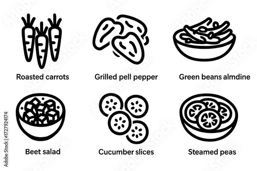 Vegetable Side Dish Icons. Solid, filled icon set of vegetable side dishes: roasted carrots, grilled bell peppers, sauteed spinach, green beans almondine, beet