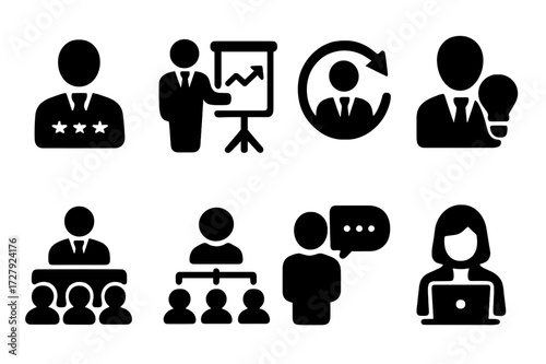 Executive Role Icons. Solid, filled icon set of executive roles: CEO, manager, director, entrepreneur, board member, team leader, consultant, assistant. Solid,