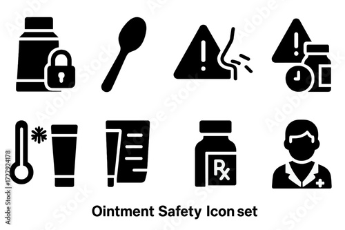 Ointment Safety Icons. Solid, filled icon set of ointment safety: childproof cap, dosage spoon, allergy warning, expiry alert, storage temperature, usage