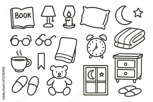 Bedtime Doodle Icons. Hand-drawn doodle illustration bedtime reading book, glasses, lamp, candle, pillow, blanket, cup of tea, moon, star, clock, nightstand,