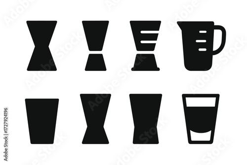 Jigger Icon Collection. Solid, filled icon set of jigger types: double-sided jigger, single-sided jigger, adjustable jigger, measuring cup, shot glass, metal