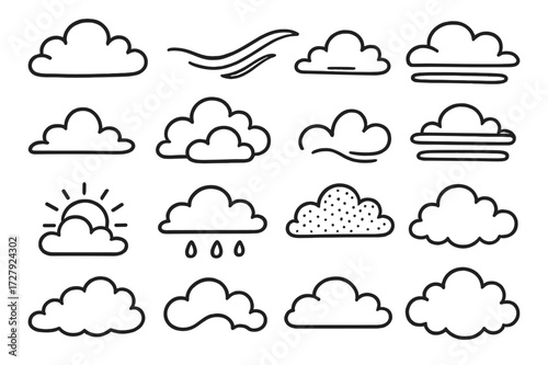 Cloud Doodle Variations. Hand-drawn doodle illustration Cloudy Sky variations cumulus cloud, cirrus cloud, stratus cloud, cloud group, drifting