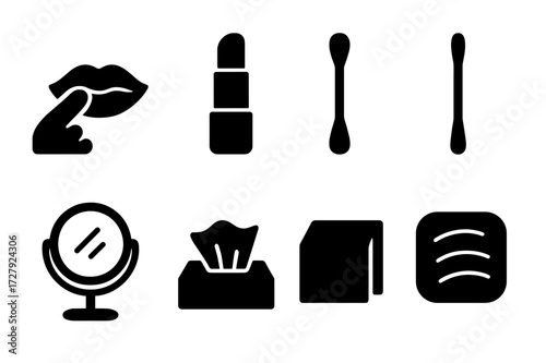 Lip Care Tools Icons. Solid, filled icon set of lip balm application tools: fingertip, applicator stick, cotton swab, lip brush, mirror, compact, tissue,