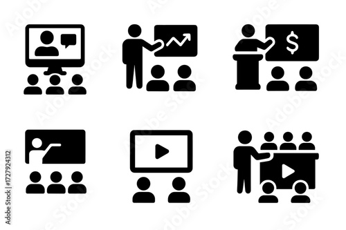 Presentation Format Icons. Solid, filled icon set of presentation formats: webinar, workshop, keynote, pitch, lecture, demo, tutorial, panel. [Solid, filled