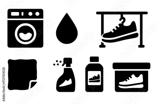 Sneaker Care Icons. Solid, filled icon set of sneaker care: washing machine, water drop, drying rack, brush, cloth, deodorizer, sneaker cleaner, storage box.