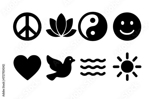 Relaxation Icons Grid. Solid, filled icon set of relaxation symbols: peace sign, lotus flower, yin yang, smiley face, heart, dove, calm water, sunshine. Line
