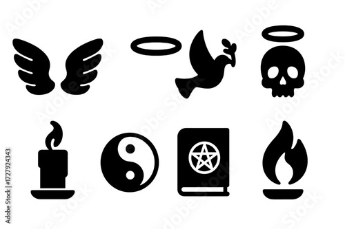 Spiritual Icons Set. Solid, filled icon set of spiritual omens: angel wings, halo, dove, haloed skull, candle with smoke, yin yang, ancient book, sacred flame.