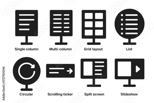 Menu Board Icons. Solid, filled icon set of menu board layouts: single column, multi-column, grid, list, circular, scrolling ticker, split screen, slideshow.