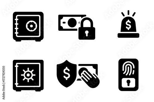 Cash Security Icons. Solid, filled icon set of cash security: safe box, padlock with cash, security camera, cash alarm, money vault, shield with dollar, cash
