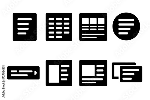 Menu Board Icons. Solid, filled icon set of menu board layouts: single column, multi-column, grid, list, circular, scrolling ticker, split screen, slideshow.