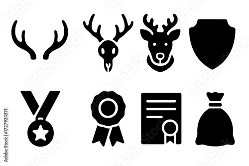 Hunting Trophy Icons. Solid, filled icon set of hunting trophies: antlers, skull, mounted head, trophy plaque, medal, ribbon, certificate, game bag. Solid,