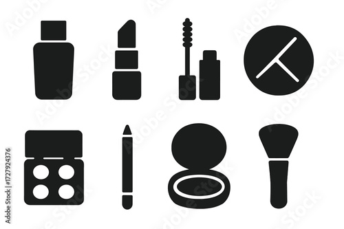 Makeup Essentials Icons. Solid, filled icon set of daily makeup essentials: foundation, lipstick, mascara, blush, eyeshadow, eyebrow pencil, compact powder,