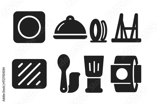 Dishware Icons Grid. Solid, filled icon set of dishware accessories: coaster, lid cover, plate stand, dish rack, drying mat, spoon rest, utensil holder, napkin