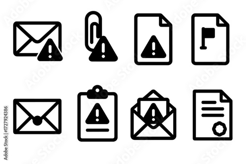 Caution Icon Set. Solid, filled icon set of caution letter: envelope with alert, paperclip with warning, letter with exclamation, document with flag, sealed