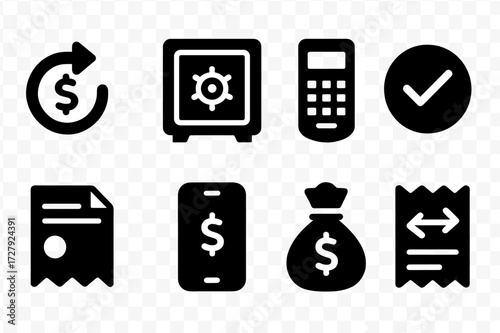 Fund Transfer Icons. Solid, filled icon set of fund transfer: dollar arrow, bank vault, payment terminal, check mark, invoice, mobile app, money bag, transfer