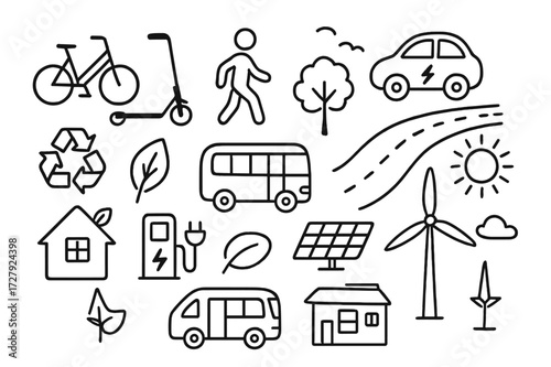 Green Mobility Doodles. Hand-drawn doodle illustration Green mobility options [bicycle, scooter, pedestrian, electric car, bus, charging station, recycling