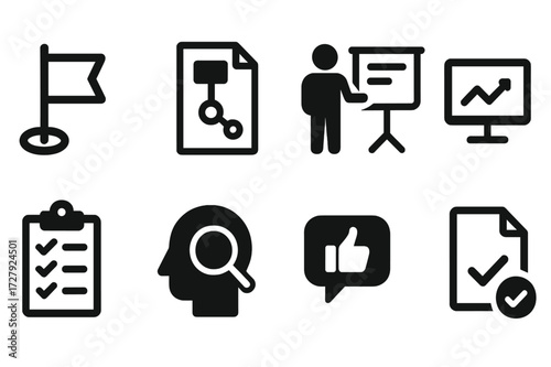 Project Phases Icons. Solid, filled icon set of project phases: initiation, planning, execution, monitoring, closure, review, feedback, approval. [Line icons