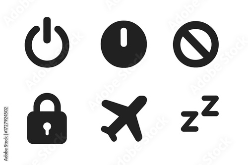 Icon Grid Collection. Solid, filled icon set of closed digital and app icons: power off button, shutdown icon, lock screen, disable symbol, no signal, airplane