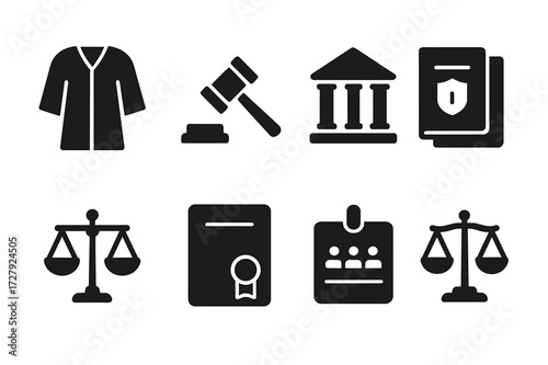 Court Icon Set. Solid, filled icon set of court-related symbols: judge?s robe, court hammer, courthouse pillars, legal books, law scales, certificate, jury