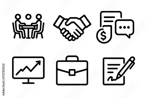 Banking Negotiation Icons. Solid, filled icon set of banking negotiation: negotiation table, handshake, contract papers, dollar sign, discussion bubbles,