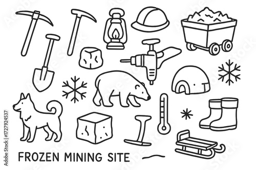 Frozen Mining Doodle Icons. Hand-drawn doodle illustration Frozen mining site, ice pick, snow shovel, pickaxe, hard hat, lantern, mining cart, drill, ice