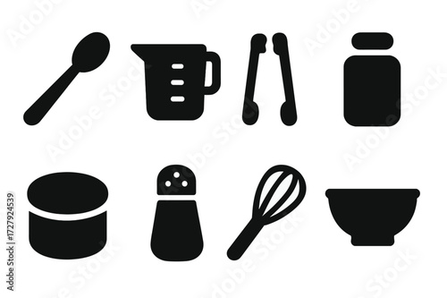 Sugar Utensils Icons. Solid, filled icon set of sugar related utensils: spoon, measuring cup, sugar tong, scoop, jar lid, sugar shaker, whisk, mixing bowl.